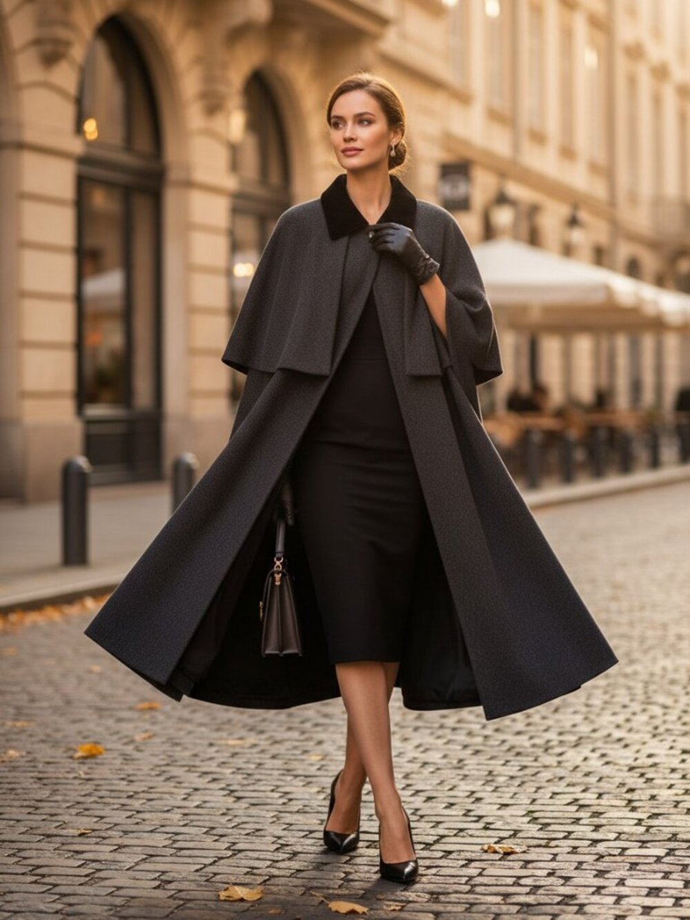 Designer Dario Italy Grey/Black Velvet Collar 100% Wool Long Cape Size M/L